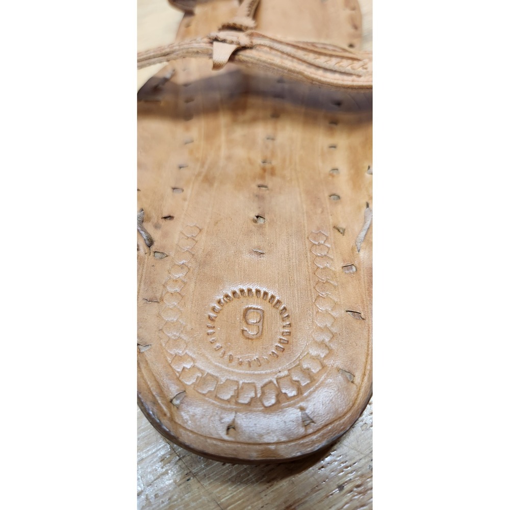 Handmade Leather Kolhapuri Sandals Womens 9 Tan Braided T-Strap Boho Flat Slides - Picture 5 of 8